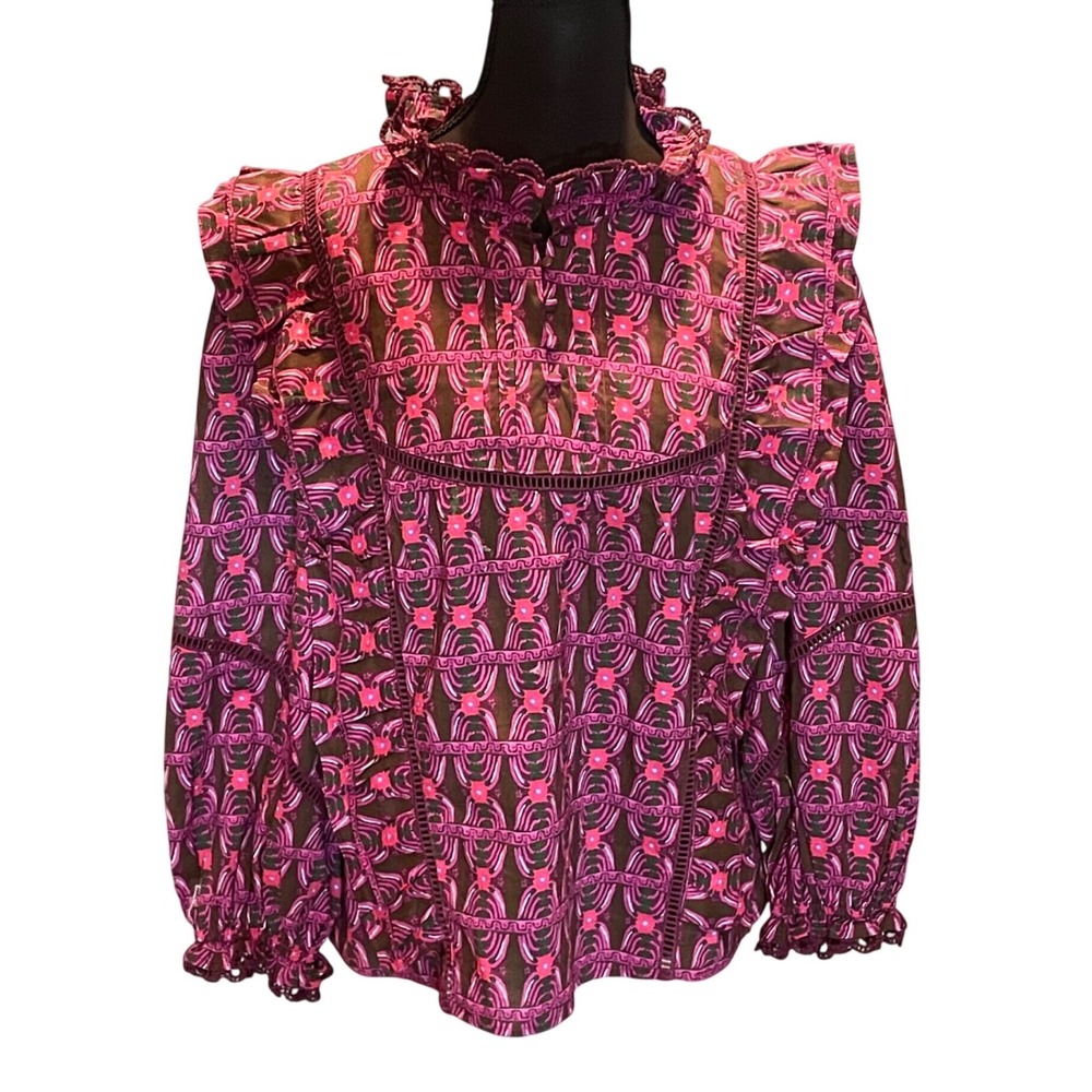 Melissa Nepton Noely Pink Purple Geometric Ruffle Lace Cotton Blouse L Romantic